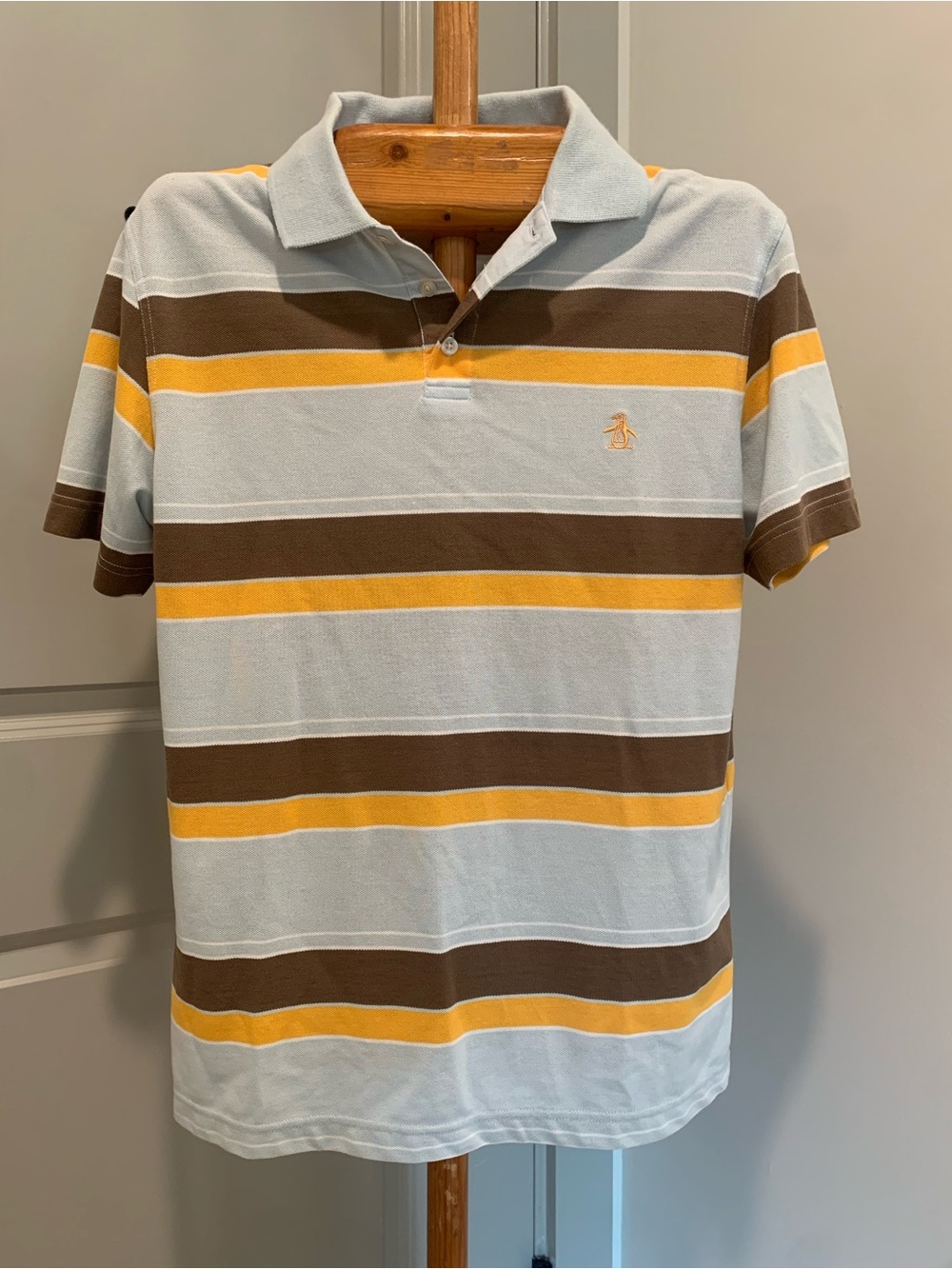 Vintage Original Penguin Light Blue Brown & Yellow Striped Polo